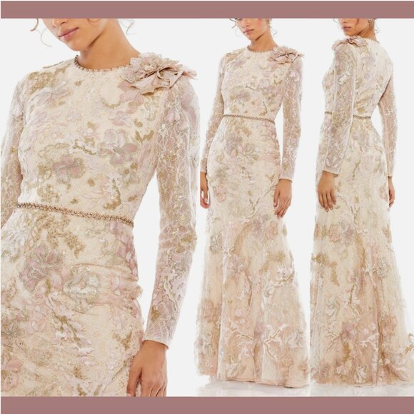 NWT $798 Mac Duggal [ 14 ] Floral Embroidered Lace Trumpet Gown‎ Blush #Q776